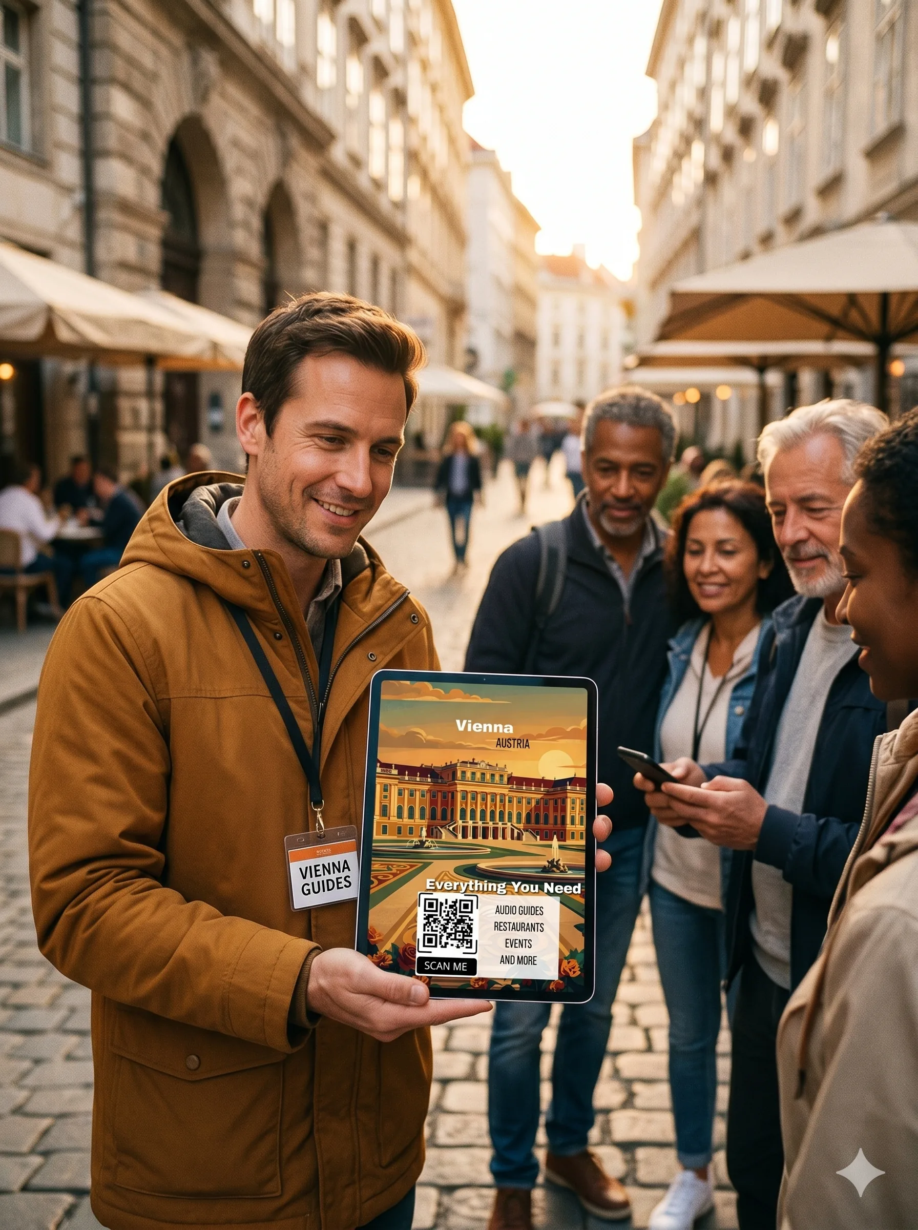 A tour guide holding a tablet showing a personal QR code to customers