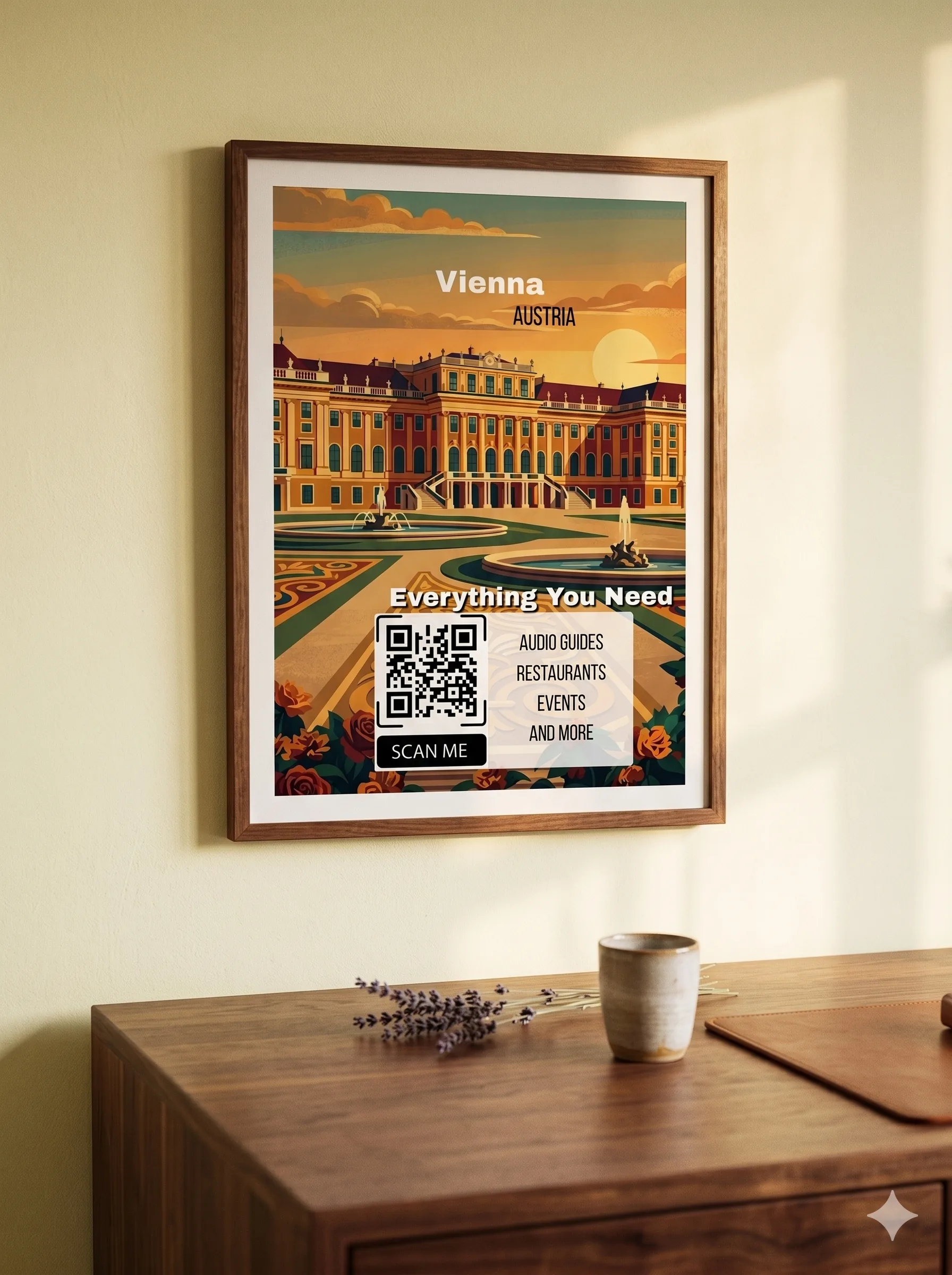 A framed print of a city scene with a QR code, displayed on a hotel room desk